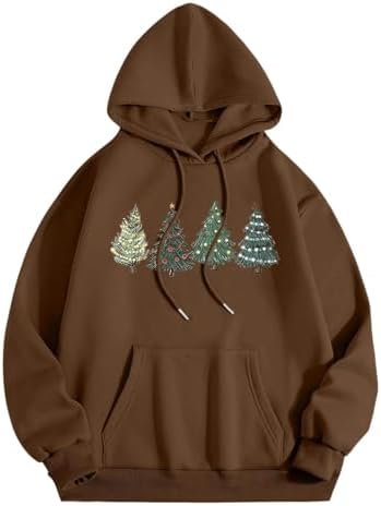 Christmas Tree Print Hooded Long Sleeved Hoodie Lady Cropped Top