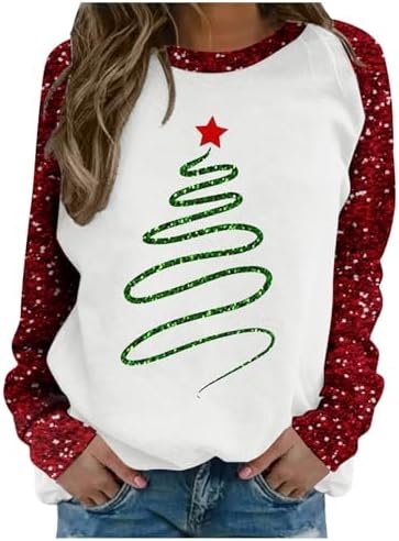 Women's Christmas Tree Themed Printed Pullover Top With Shoulder Sleeve Hoodie Medium Hoodie Women