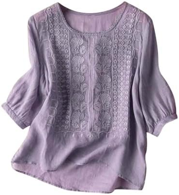 Vintage Embroidered Cotton Linen T Shirt for Women Casual Loose Fit Top Womens New Years Eve Blouses