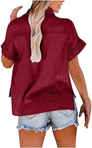 Womens Linen Shirts V Neck Oversized Button Down Tshirts Short Sleeve Tops Casual Dressy Blouses Solid Tunics