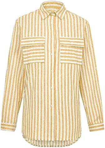 Women's Striped Button Up Blouse Trendy Business Tops Dressy Soft Cotton Linen Tops Casual Long Sleeve Tops Fall Shirt