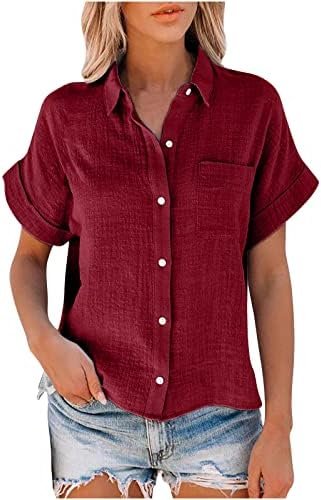 Womens Linen Shirts V Neck Oversized Button Down Tshirts Short Sleeve Tops Casual Dressy Blouses Solid Tunics