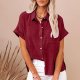 Womens Linen Shirts V Neck Oversized Button Down Tshirts Short Sleeve Tops Casual Dressy Blouses Solid Tunics