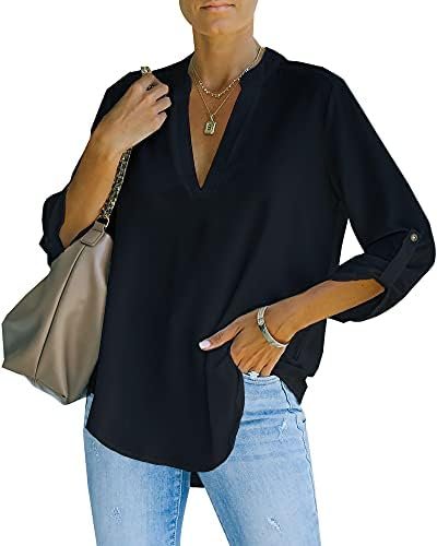 Womens Casual V Neck Shirts Cuffed Sleeves Chiffon Blouses Loose Solid Work Tops