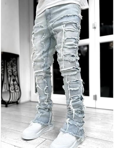 Loose Elastic Waist Jeans Street Frayed Pants Distressed Rip Trousers Middle Waist Denim Long Pants Men's Stretch