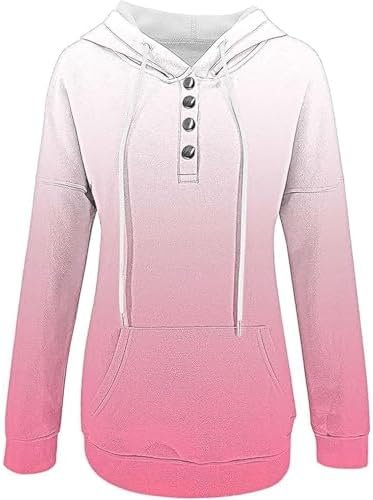 Womens Street Style Hoodies Fashion Gradient Color Button Collar Sweatshirts Casual Long Sleeve Pullovers with Pocket