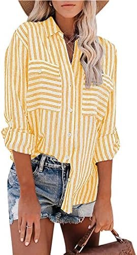 Women's Striped Button Up Blouse Trendy Business Tops Dressy Soft Cotton Linen Tops Casual Long Sleeve Tops Fall Shirt