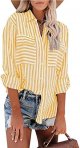 Women's Striped Button Up Blouse Trendy Business Tops Dressy Soft Cotton Linen Tops Casual Long Sleeve Tops Fall Shirt