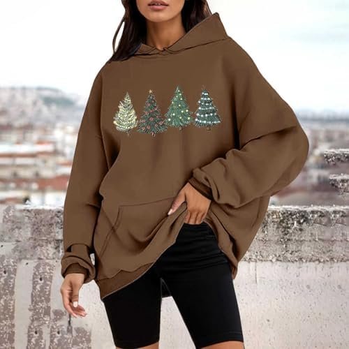 Christmas Tree Print Hooded Long Sleeved Hoodie Lady Cropped Top