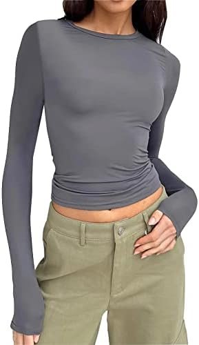 Women's Long Sleeve Round Neck Crop Top Tee Shirt Basic Solid Tight Slim Fit Cropped Shirt Workout Long Sleeve