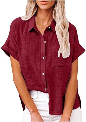 Womens Linen Shirts V Neck Oversized Button Down Tshirts Short Sleeve Tops Casual Dressy Blouses Solid Tunics