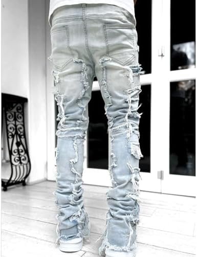 Loose Elastic Waist Jeans Street Frayed Pants Distressed Rip Trousers Middle Waist Denim Long Pants Men's Stretch