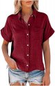 Womens Linen Shirts V Neck Oversized Button Down Tshirts Short Sleeve Tops Casual Dressy Blouses Solid Tunics