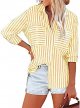 Women's Striped Button Up Blouse Trendy Business Tops Dressy Soft Cotton Linen Tops Casual Long Sleeve Tops Fall Shirt