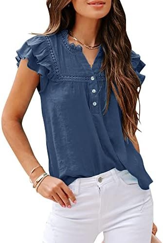 Women's V Neck Lace Crochet Shirts Button Down Short Sleeve Casual Blouse Tops