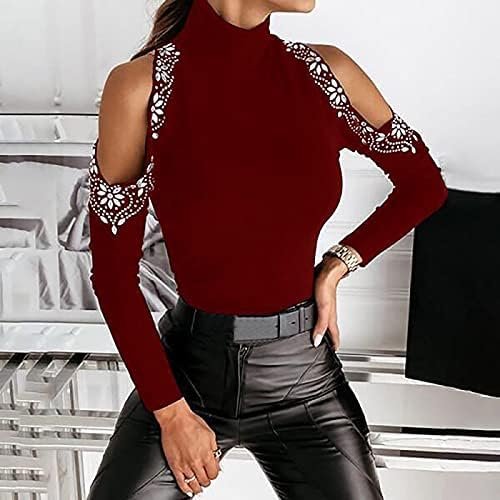 Women Off The Shoulder Tops Trendy Solid Sexy Slim Turtleneck Rhinestone Shirt Casual Strapless Long Sleeve Blouses