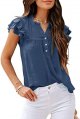 Women's V Neck Lace Crochet Shirts Button Down Short Sleeve Casual Blouse Tops