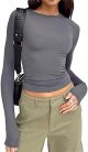 Women's Long Sleeve Round Neck Crop Top Tee Shirt Basic Solid Tight Slim Fit Cropped Shirt Workout Long Sleeve