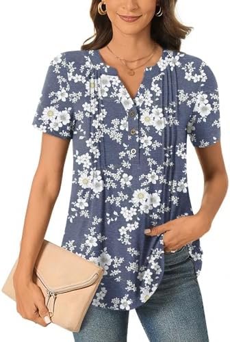 Women's Short Sleeve Button-Down Shirts V Neck Tunic Tops Summer Tops Casual T-Shirts Dressy Blouses