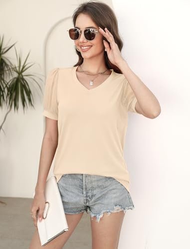 Womens Summer V Neck T Shirts Swiss Dot Puff Sleeve Tops Dressy Casual Shirts Blouses