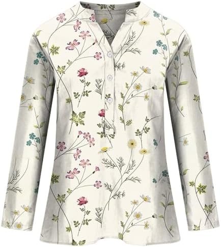 Women Autumn Floral Print Neck Long Sleeve Comfortable Loose Shirt Top Warm Womens Shirt