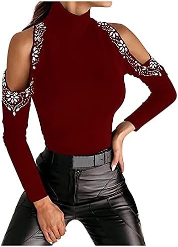 Women Off The Shoulder Tops Trendy Solid Sexy Slim Turtleneck Rhinestone Shirt Casual Strapless Long Sleeve Blouses