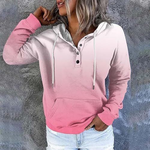 Womens Street Style Hoodies Fashion Gradient Color Button Collar Sweatshirts Casual Long Sleeve Pullovers with Pocket